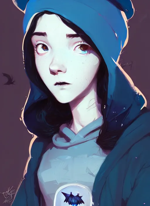 Image similar to highly detailed closeup portrait of a witch young lady student, ( blue witch hat ), black hoodie, blue hair by atey ghailan, by greg rutkowski, by greg tocchini, by james gilleard, by joe fenton, by kaethe butcher, gradient, blue, black, brown and cream color scheme, grunge aesthetic!!! white graffiti tag wall background