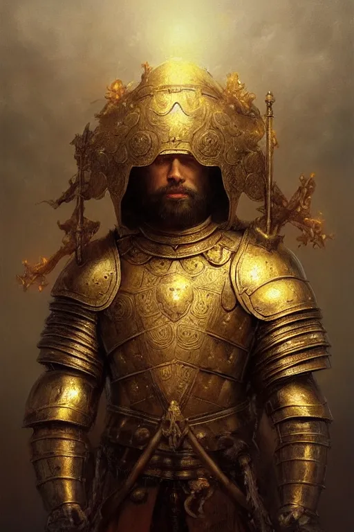 Prompt: breathtaking soft painting of terrence mckenna with an intricate knight armor in a golden sky, mushrooms flying around, realistic symmetrical face features, rembrandt style, elegant, highly detailed, artstation, concept art, matte, sharp focus, art by tom bagshaw, goya and greg rutkowski