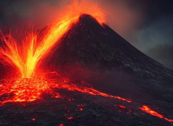 Image similar to highly detailed photo of an erupting volcano with lava flowing down the sides, film, photography, bokeh, Canon 50mm, cinematic lighting, volumetric light, octane, octane render, redshift render