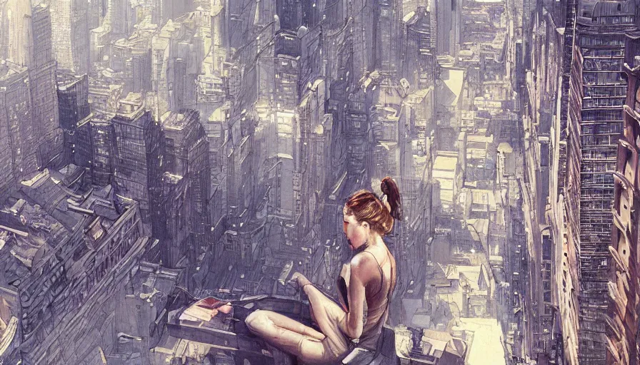 Image similar to woman, city, looking down, street top view by wlop, artgerm, greg rutkowski