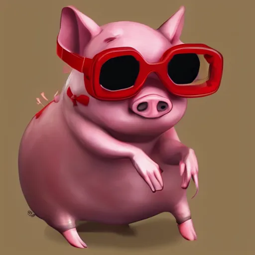 Prompt: the cutest piggy wearing round red glasses, artstation