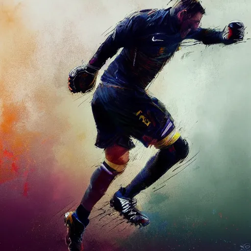 Prompt: A realistic hyperdetailed multi-colored digital oil full body portrait painting of a fat goal keeper jumping saving a shot, black jersey, in the style of Guy Denning, Ruan Jia, and Craig Mullins. Trending on ArtStation and DeviantArt. CGSociety Digital art.