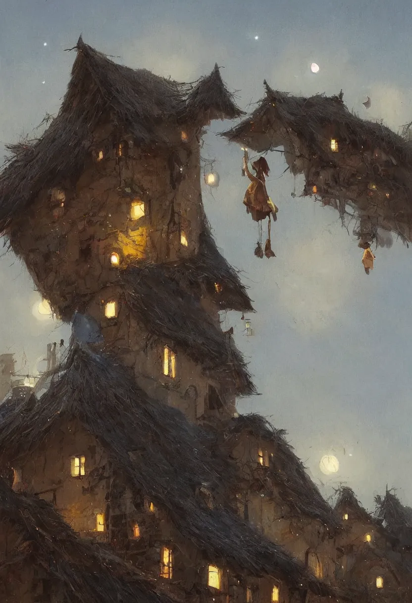 Prompt: Painting by Greg Rutkowski, at night a big ceramic jug with gold ornaments flies high in the night dark blue sky above a small village with white houses under thatched roofs, stars in the sky, rich picturesque colors