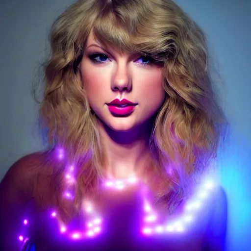 Prompt: closeup portrait of an ethereal Taylor swift made of purple light