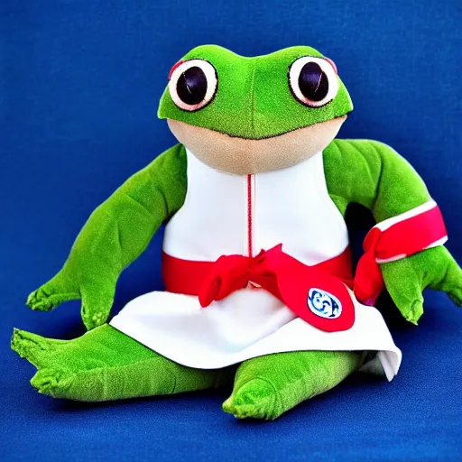 Image similar to stuffed animal frog wearing a sailor suit, plushie photography,