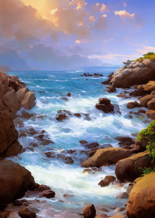 Prompt: pebble beach waterfall, beach with pebbles, extremely detailed oil painting, unreal 5 render, rhads, sargent and leyendecker, savrasov levitan polenov, bruce pennington, studio ghibli, tim hildebrandt, digital art, landscape painting, octane render, beautiful composition, trending on artstation, award winning photograph, masterpiece