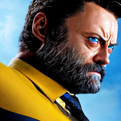 Image similar to x - men wolverine in suit played by nick offerman, logan marvel movie still, detailed 8 k, poster style, high resolution, accurate proportions