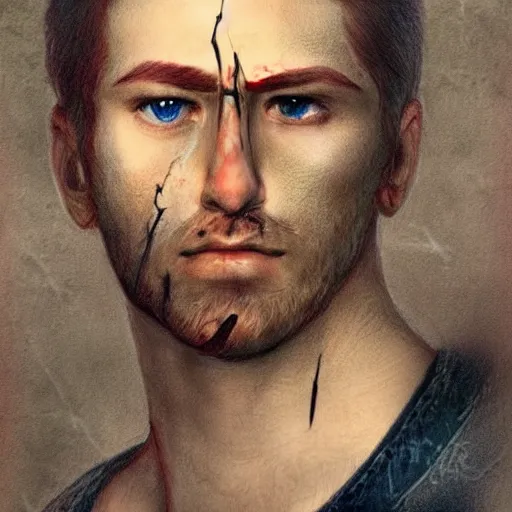 Image similar to self portrait, handsome man with battle scar on his chest holding his sword on his shoulder, pencil art, detailed, handsome, colored, bloody