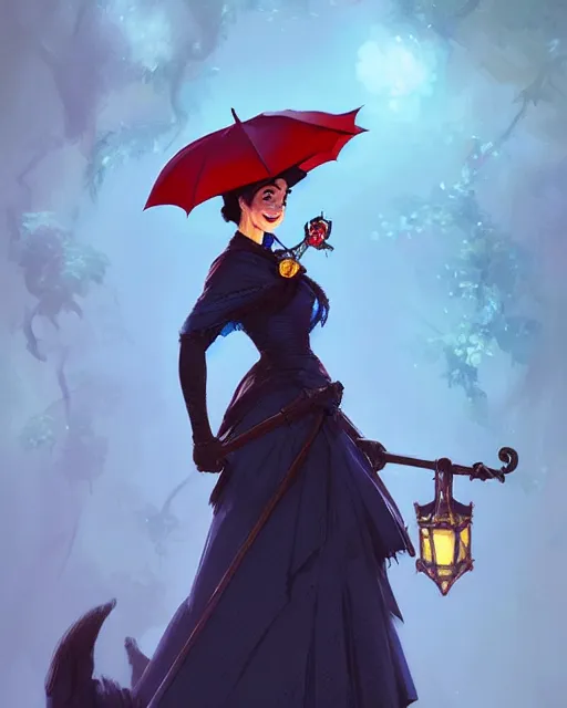 Image similar to Marry Poppins smiling and looking to the side, D&D, fantasy, intricate, elegant, highly detailed, digital painting, artstation, concept art, matte, sharp focus, illustration, hearthstone, art by Artgerm and Greg Rutkowski and Alphonse Mucha