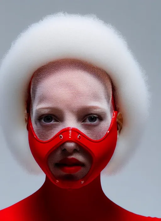 Prompt: portrait of a woman wearing a red embroidered translucent silicone mask and frizzy hair buns, wearing a white bodysuit by alexander mcqueen, white background, soft diffused light, biotechnology, futuristic aesthetic, translucent, ethereal, intricate details, highly detailed, masterpiece,