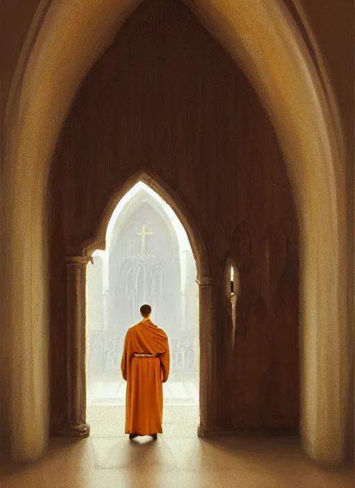 Image similar to oil painting of a dominican monk in brown robes, looking out of a monastery window contemplatively, a majestic cathedral in the background, digital art, artstation, cinematic, golden hour, digital art painting by greg rutkowski