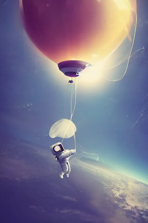 Prompt: concept art of an astronaut floating up grabbing balloon threads, over a beautiful landascape, photography, artstation, 4 k