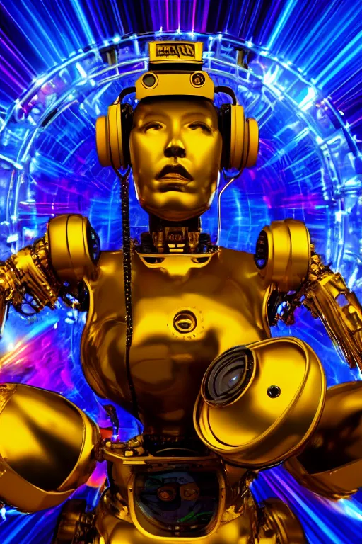 Prompt: portrait photo of a giant huge golden and blue metal humanoid female steampunk robot singer with headphones and gears and tubes, in the foreground is a big red glowing microphone on a tripod, eyes are glowing red lightbulbs, shiny crisp finish, 3 d render, 8 k, insaneley detailed, fluorescent colors, background is multicolored lasershow