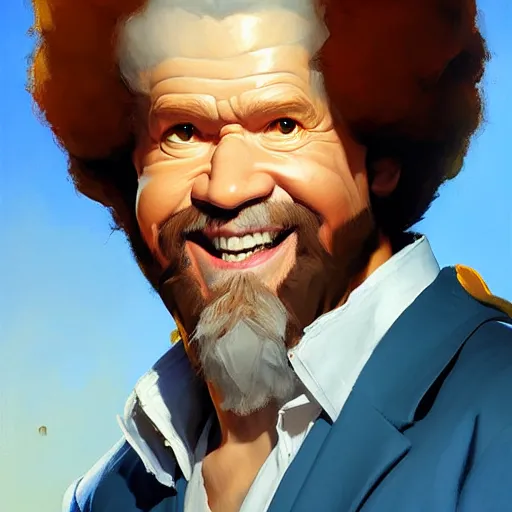 Image similar to Greg Manchess portrait painting of Bob Ross as Overwatch character, insane, medium shot, asymmetrical, profile picture, Organic Painting, sunny day, Matte Painting, bold shapes, hard edges, street art, trending on artstation, by Huang Guangjian and Gil Elvgren and Sachin Teng