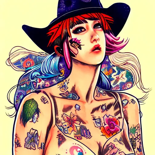 Image similar to full view of cowgirl with tattoos, wearing a cowboy hat, style of yoshii chie and hikari shimoda and martine johanna and will eisner, highly detailed