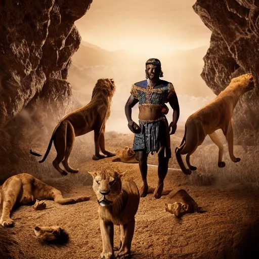 Prompt: dramatic film still of 3 5 year old man in ancient canaanite clothing surrounded by ferocious lions. cave interior background. directed by michael bay