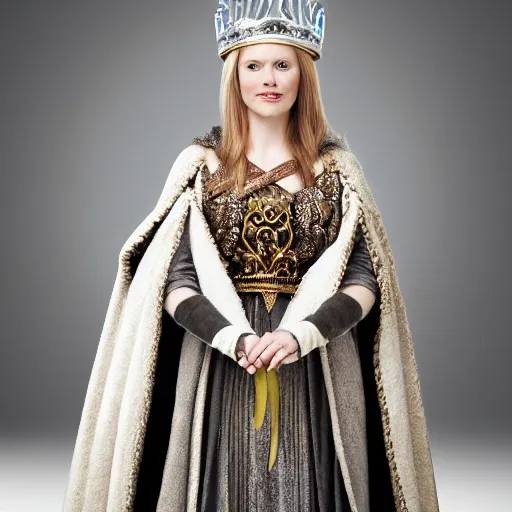 Image similar to photo of a real! beautiful nordic queen with ornate crown and cloak