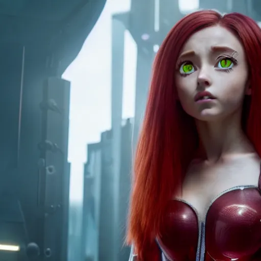 Prompt: cinematic still of red - haired ariana grande in alita : battle angel ( 2 0 1 9 ), xf iq 4, f / 1. 4, iso 2 0 0, 1 / 1 6 0 s, 8 k, raw, dramatic lighting, symmetrical balance, in - frame