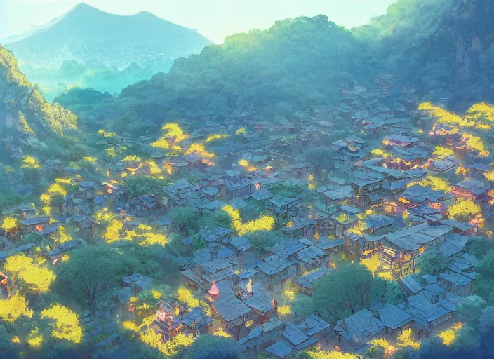 Image similar to concept art painting of a small woodland village in a valley seen from above, european japanese buildings, early morning, cel shaded, detailed, realistic, by makoto shinkai and moebius and anton fadeev and james gurney
