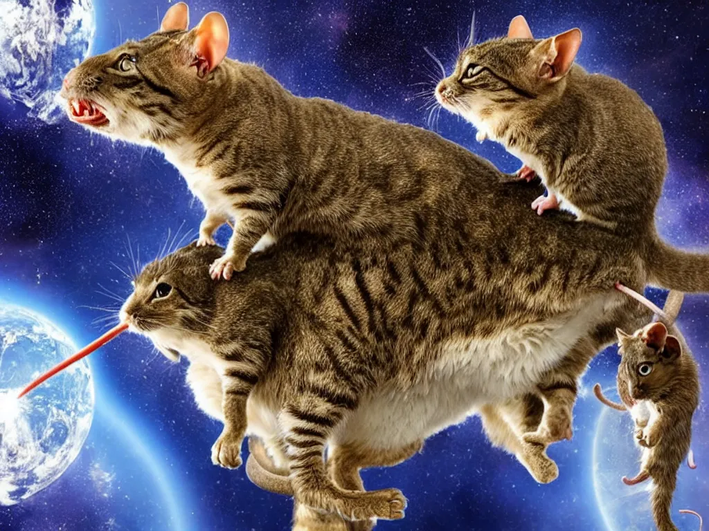 Image similar to a cat eating a mouse on top on a t-rex in space