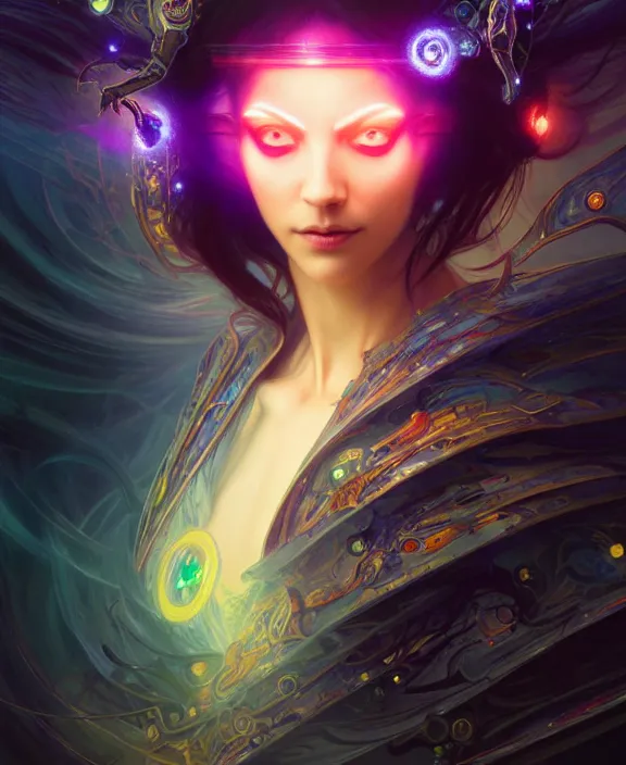 Image similar to a whirlwind of souls rushing inside the metaverse, half body, glowin eyes, tiara with sapphire, pharaoh, android, cyberpunk, d & d, fantasy, intricate, elegant, highly detailed, colorful, vivid color, digital painting, artstation, concept art, art by artgerm and greg rutkowski and alphonse mucha and ruan jia