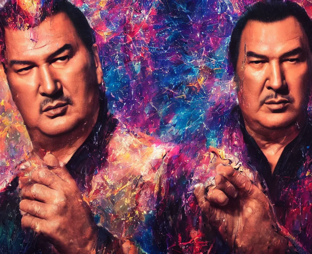 Prompt: dramatic portrait of Steven Seagal from above the law, bloomed lighting, angelic, futuristic, beautiful colors, slightly golden, very sharp likeness, very detailed, chopping hands, electrical details, cinematic lighting high details, 4k, 8k, trending on artstation, ultra-realism