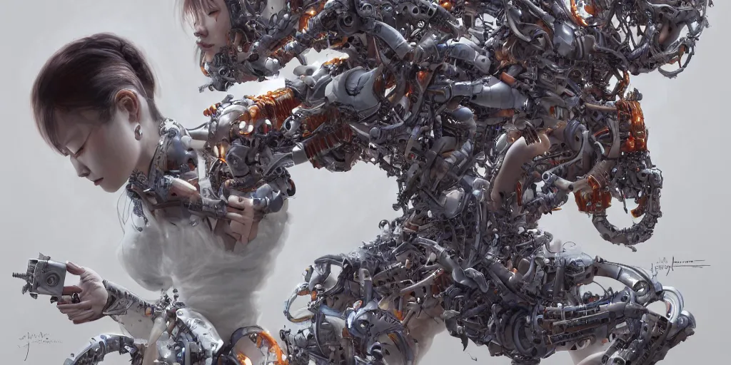 Image similar to hyperrealistic photography of a gorgeous cyborg constructing a birthing machine in the style of Jin Kagetsu, James Jean and wlop, highly detailed, masterpiece, award-winning, sharp focus, intricate concept art, ambient lighting, 8k, artstation