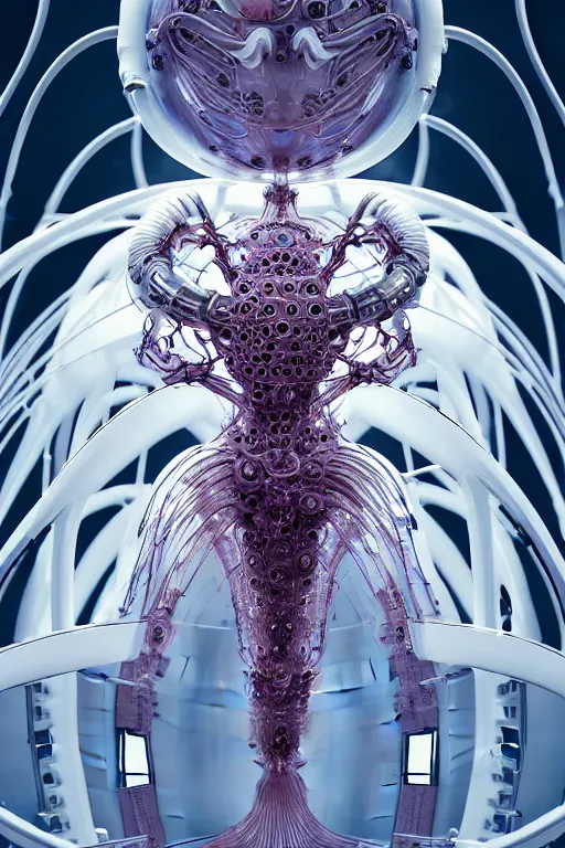 Image similar to background space station, baroque inflateble dress iris van herpen positing on floor, white helmet on face, perfect symmetrical, full body shot, inflateble shapes, wires, tubes, veins, jellyfish, white biomechanical details, wearing epic bionic implants, masterpiece, intricate, biopunk, vogue, highly detailed, artstation, concept art