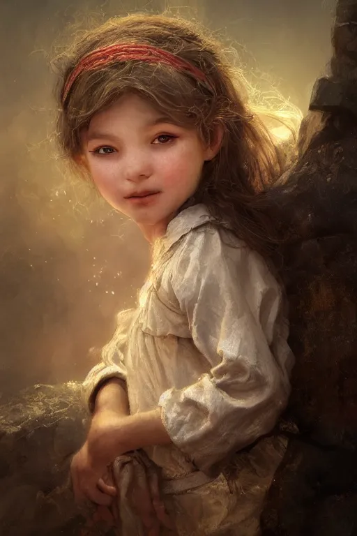 Prompt: medieval little girl, joyful, hope, dreaming, close - up portrait, intricate, elegant, volumetric lighting, scenery, digital painting, highly detailed, artstation, sharp focus, illustration, concept art, ruan jia, steve mccurry