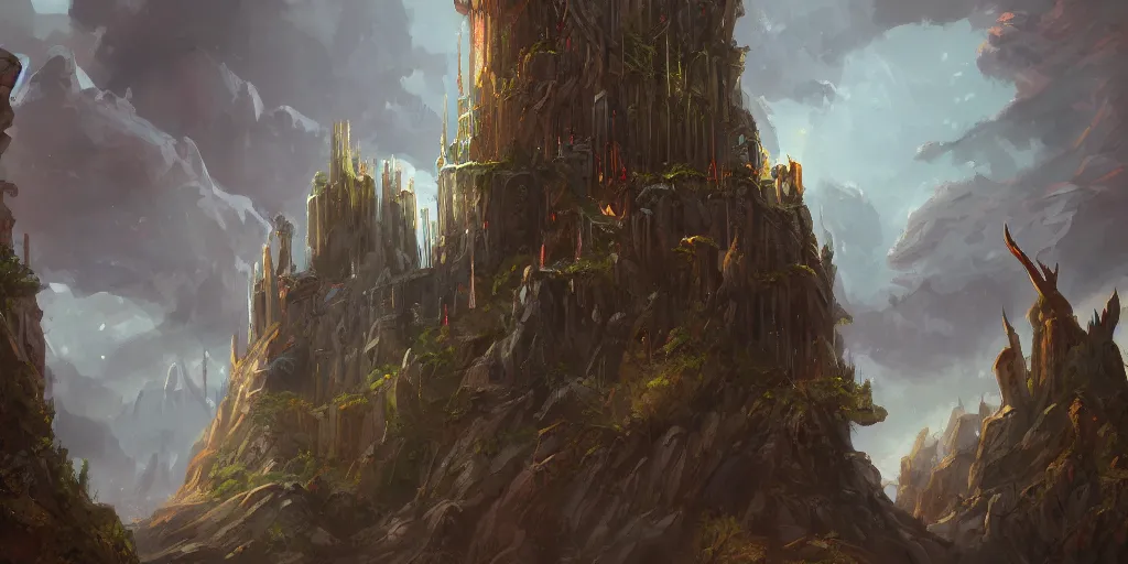 Prompt: The great wizards tower, painted landscape, artstation, digital art
