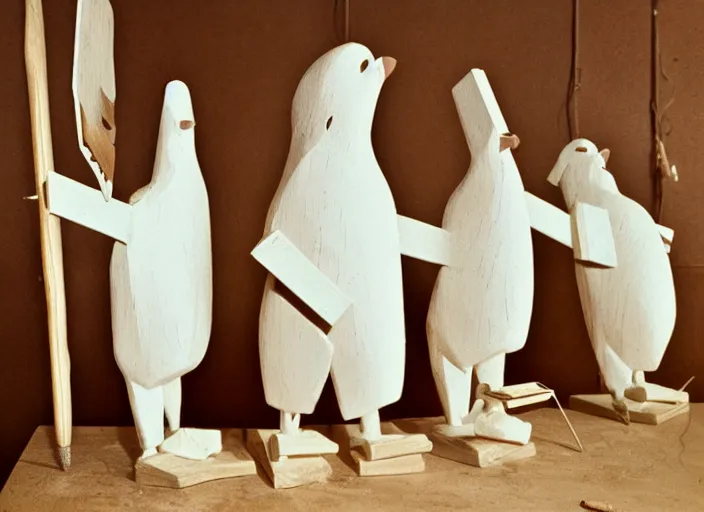 Prompt: realistic photo of a three birdmen sculptures made of white clay, in a living room sci - fi laboratory with many wooden gadgets made of wood interior is made of wood 1 9 9 0, life magazine reportage photo, natural colors