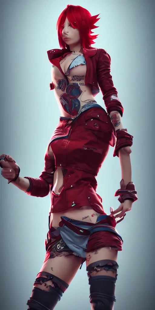 Image similar to a girl with short red hair, cool, vi from arcane, league of legends, fighter, cool red jacket, tattoo, beautiful, 3 d, potrait, art staion, studio light, closeup shot, octane render, wlop, realistic, neon