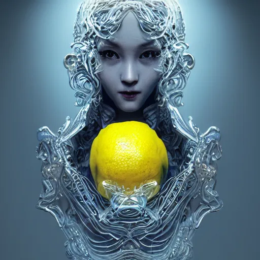 Image similar to the portrait of a lemon that resembles an absurdly beautiful, graceful, elegant, sophisticated, young gravure idol, an ultrafine hyperdetailed illustration by kim jung gi, irakli nadar, intricate linework, bright colors, octopath traveler, final fantasy, unreal engine 5 highly rendered, global illumination, radiant light, detailed and intricate environment