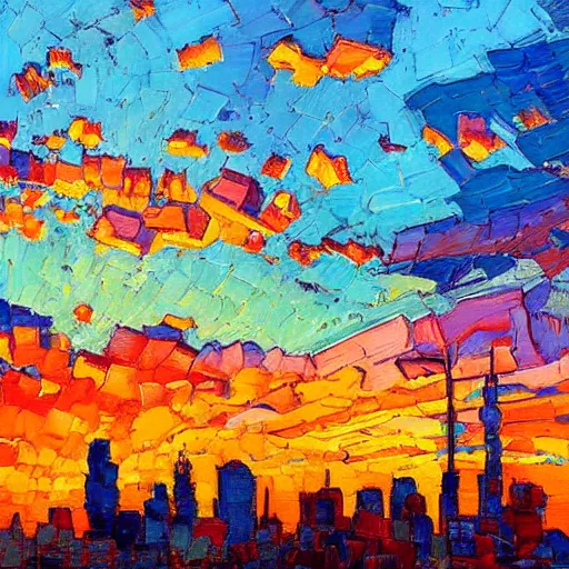 Image similar to a painting of a sunset over a cityscape with buildings in the background, an oil painting by erin hanson and stanton macdonald wright, deviantart, american impressionism, rich color palette, impressionism, fauvism, cgsociety, lyrical abstraction, cityscape, dystopian art