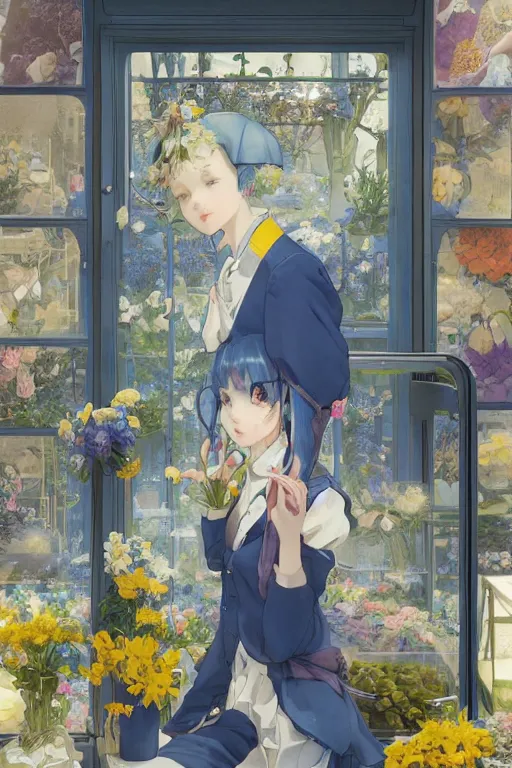 Prompt: a girl working in a flower shop in the afternoon, it is raining outside the window,blue and grey theme,JK uniform ,blue theme with eye-catching yellow accents ,S line, by krenz cushart and mucha and range murata and greg rutkowski