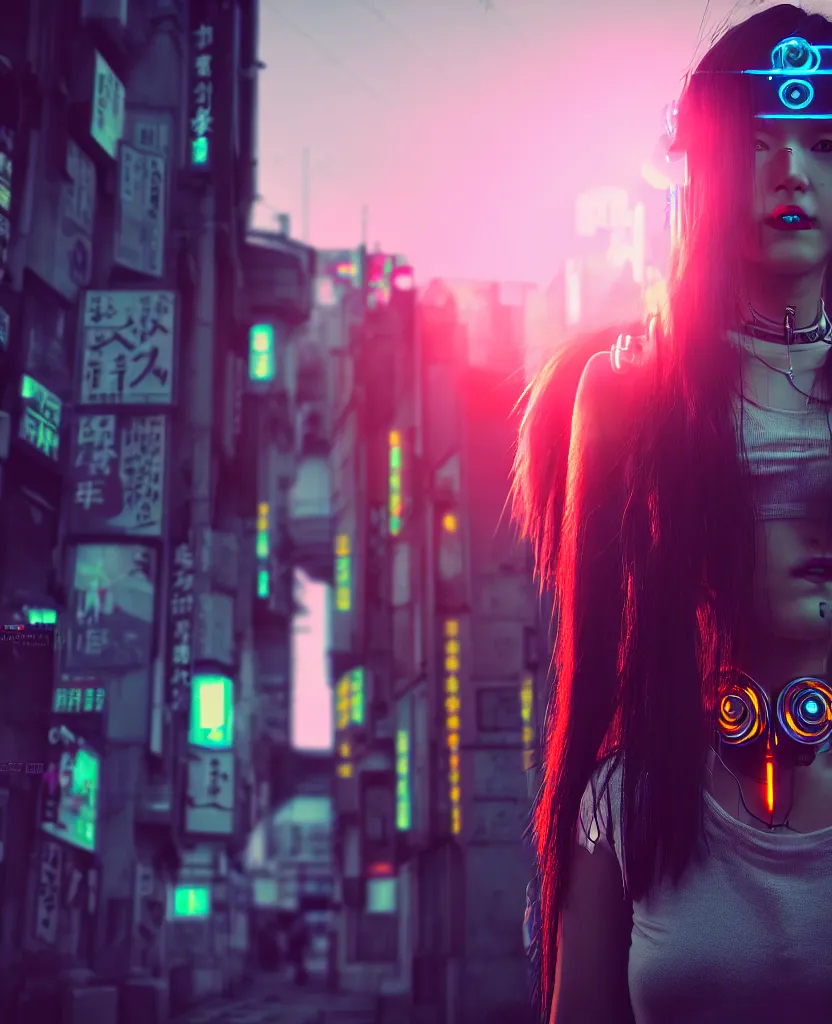 Image similar to a photo close up cyberpunk cyborg girl stands in a cyberpunk hiroshima, prefecture streets, sunset, photorealistic, cinematic lighting, very detailed, style by tomino - sama