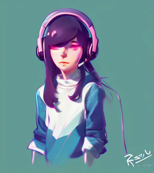 Prompt: little female character inspired by 9 0's fashion and by madeline from celeste, art by rossdraws, wlop, ilya kuvshinov, artgem lau, sakimichan and makoto shinkai, concept art, headphones