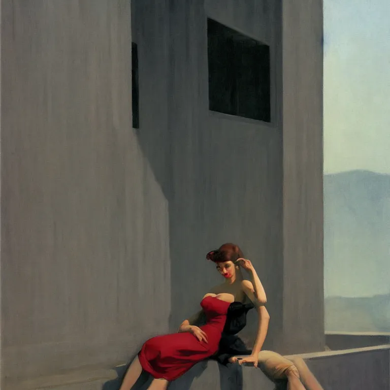 Image similar to woman sitting on a ledge, fog, early morning, , painted by Edward Hopper, Robert McGinnis, painted by Wayne Barlow, airbrush