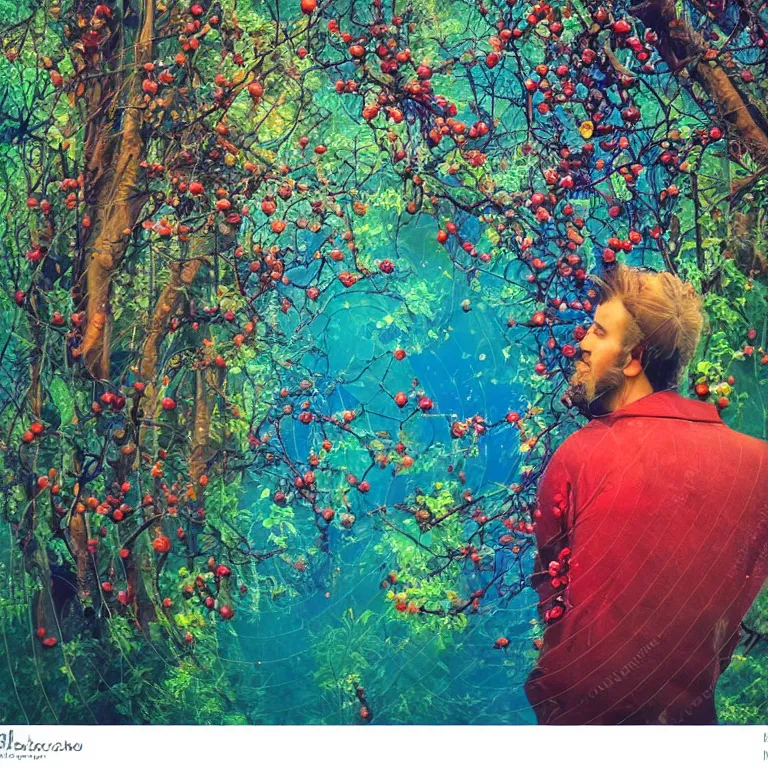 Image similar to human with the sea and the forest inside, veins diverge through the body like rivers filmed on a satellite, a person is decorated with wild berries, a beautiful bird is looking at him next, colorful picture