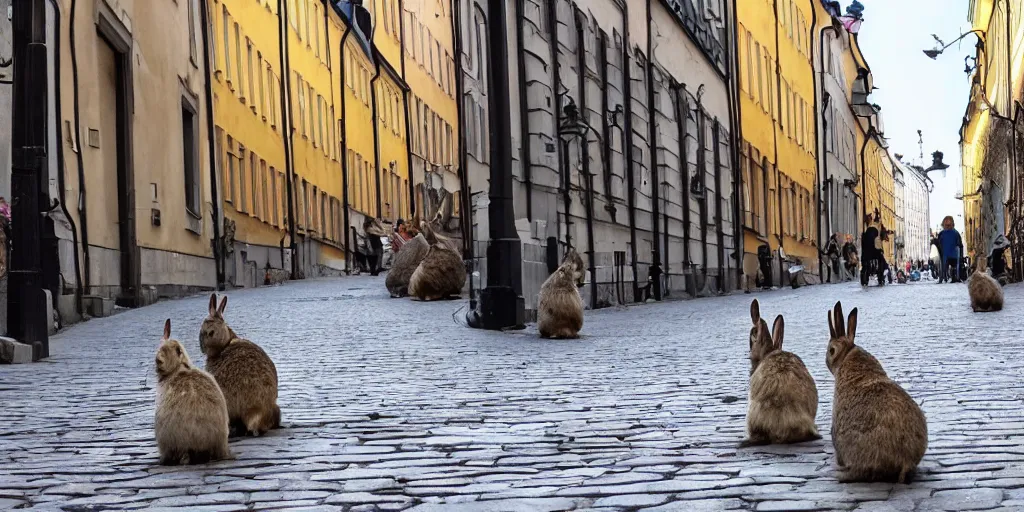 Image similar to a street in stockholm full of rabbits