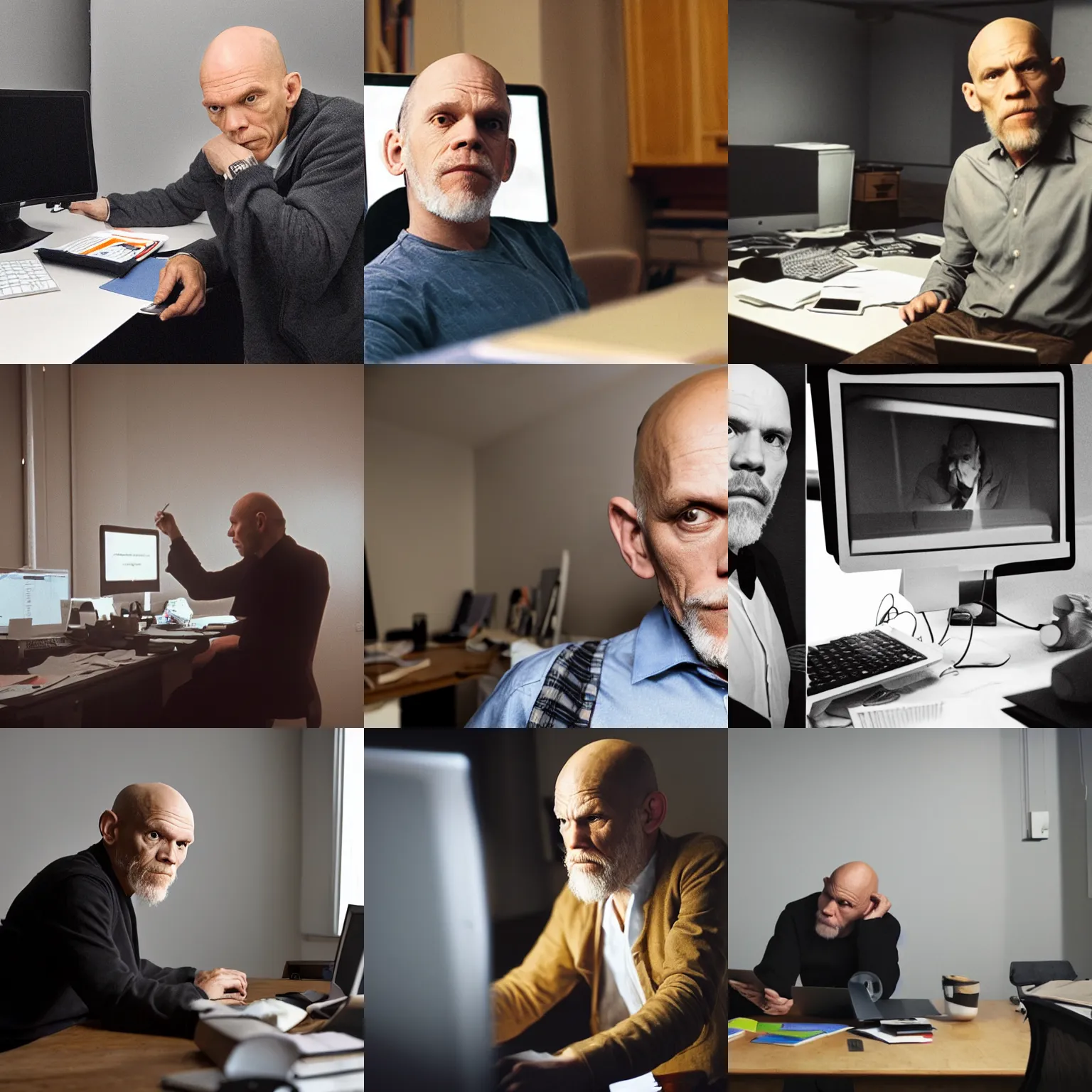 Prompt: john malkovich working on his awfully bad progress update slides sitting at his desk, dark room, bright screen