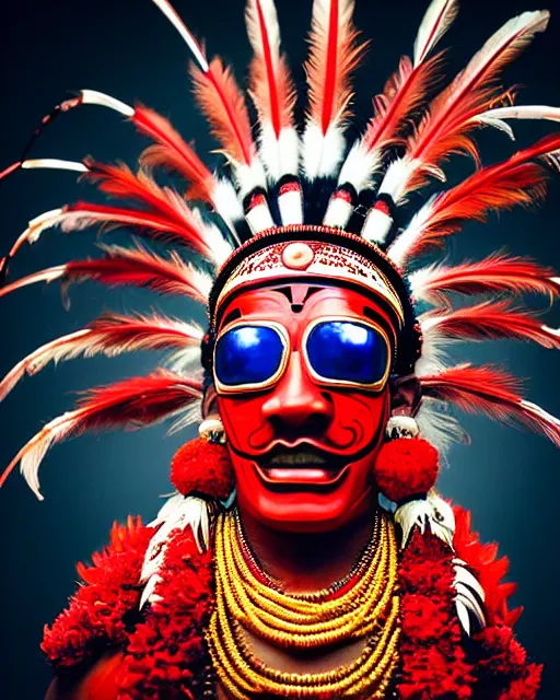 Image similar to photo of a Dramatic Theyyam male dancer with red indian headgear painted face wearing futuristic goggles and futuristic robot suit with traditional theyyam costume in the style of stefan kostic, full body, feather native american headgear, realistic, sharp focus, symmetric, 8k high definition, insanely detailed, intricate, elegant, art by stanley lau and artgerm, Hajime Sorayama, William-Adolphe Bouguereau