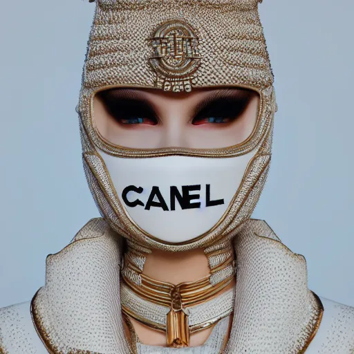 Image similar to portrait of masked dune dynasty with chanel clothes, white background, chanel logo, 8 k, symmetrical, 3 d render, octane render, insane details