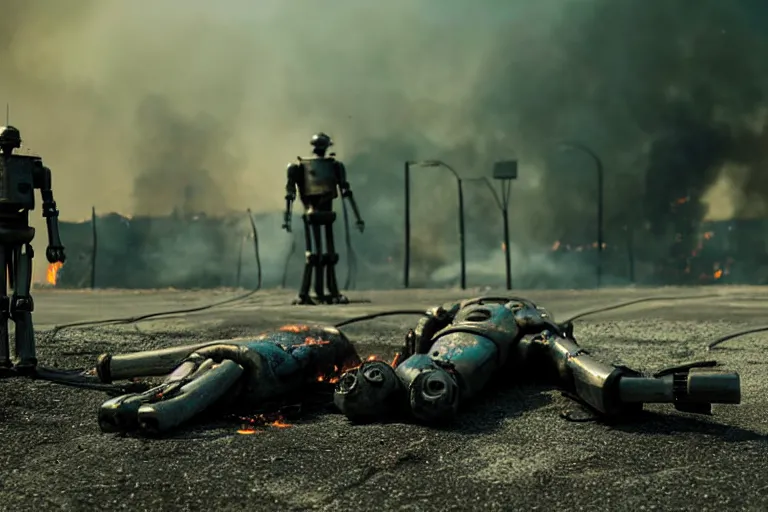 Image similar to vfx film closeup, dead robot couple on the ground holding hands, city street tire tracks fire. flat color profile low - key lighting award winning photography arri alexa cinematography, hyper real photorealistic cinematic atmospheric cool colorgrade