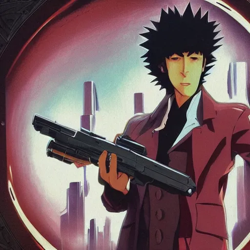 Image similar to , hyperrealistic spike from anime cowboy bebop holding two handguns looking into the distance of space, physically accurate, dynamic lighting, intricate, elegant, highly detailed, very very Roberto Ferri, sharp focus, very very unsettling, very terrifying, illustration, wideshot, spike in on top of his red spaceship and he is looking over a dystopian cyber city on Mars art