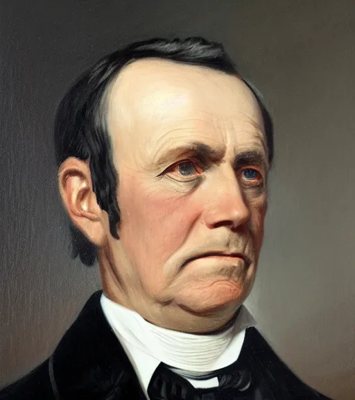 Prompt: official side portrait of united states president, a german plantation owner, in a black suit, 1 8 6 8, a character portrait by cassius marcellus coolidge, reddit contest winner, american romanticism, oil on canvas, detailed painting, creative commons attribution