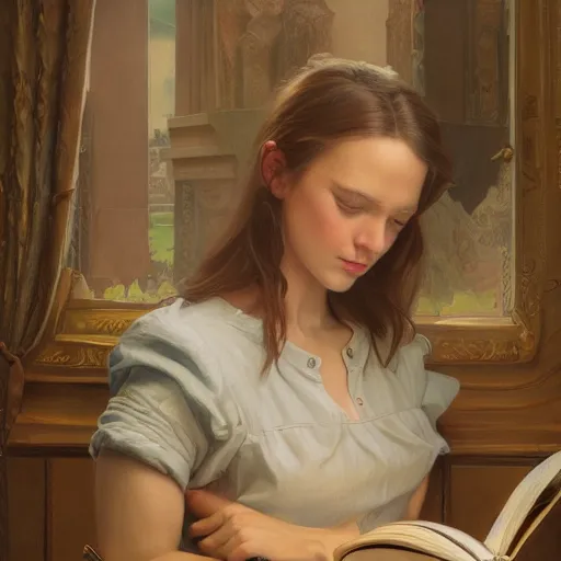 Prompt: a portrait of girl reading a book, detailed, centered, digital painting, artstation, concept art, donato giancola, Joseph Christian Leyendecker, WLOP, Boris Vallejo, Breathtaking, 8k resolution, extremely detailed, beautiful, establishing shot, artistic, hyperrealistic, beautiful face, octane render