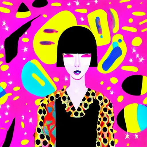 Prompt: Flashy maximalist vibrant and colorful modern pop surrealism art of a futuristic girl in a kimono and a black bob haircut with bangs, background with black scribbles and wiggles