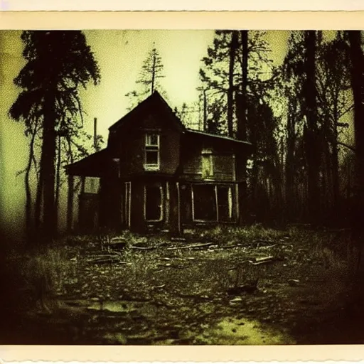 Prompt: a broken down, abandoned house in the middle of a dark forest, scary, grotesque, old photo, polaroid