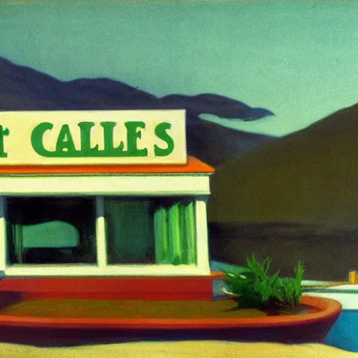 Image similar to idyllic cannabis in a pot, australian beach cafe bleached colors by edward hopper